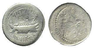 Roman, Denarius, Marc Antony, 32-31 B.C: RULER: Marc Antony DATE: Patrae (?), 32-31 B.C DENOMINATION: Denarius MATERIAL: Silver, AR SIZE & WEIGHT: 18 mm, 3,4 gr OBVERSE: ANT AVG III VIR R P C, Praetorian galley REVERSE: LEG XX, Legionary