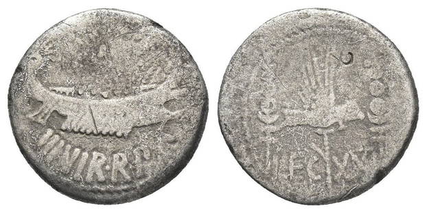 Roman, Denarius, Marc Antony, 32-31 B.C: RULER: Marc Antony DATE: Patrae (?), 32-31 B.C DENOMINATION: Denarius MATERIAL: Silver, AR SIZE & WEIGHT: 17 mm, 3,26 gr OBVERSE: ANT AVG III VIR R P C, Praetorian galley REVERSE: LEG XXI, Legionary