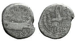 Roman, Denarius, Marc Antony, 32-31 B.C: RULER: Marc Antony DATE: Patrae (?), 32-31 B.C DENOMINATION: Denarius MATERIAL: Silver, AR SIZE & WEIGHT: 17 mm, 3 gr OBVERSE: ANT AVG III VIR R P C, Praetorian galley REVERSE: LEG III, Legionary
