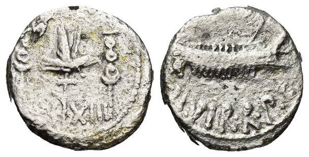 Roman, Denarius, Marc Antony, 32-31 B.C: RULER: Marc Antony DATE: Patrae (?), 32-31 B.C DENOMINATION: Denarius MATERIAL: Silver, AR SIZE & WEIGHT: 15 mm, 2,94 gr OBVERSE: ANT AVG III VIR R P C, Praetorian galley REVERSE: LEG XIII, Legionary