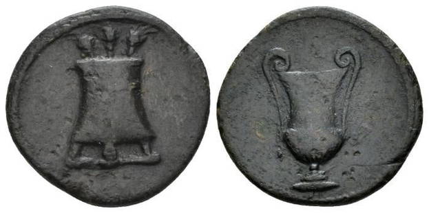 Roman, Tessera, Domitian to Antoninus Pius, 81-161 A.D: RULER: Domitian to Antoninus Pius DATE: 81 - 161 A.D DENOMINATION: Tessera MATERIAL: Bronze, AE SIZE & WEIGHT: 19 mm, 2,8 gr OBVERSE: Modius with three grain ears REVERSE: Cantharus REFERENCES: C.