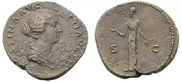 Roman, Sestertius, Faustina II, 147 - 175 A.D: RULER: Faustina II DATE: 147 - 175 A.D DENOMINATION: Sestertius MATERIAL: Bronze SIZE & WEIGHT: 30 mm, 21,18 gr OBVERSE: FAVSTINA AVG PII AVG FIL. Bar- headed and draped bust right with hair waved