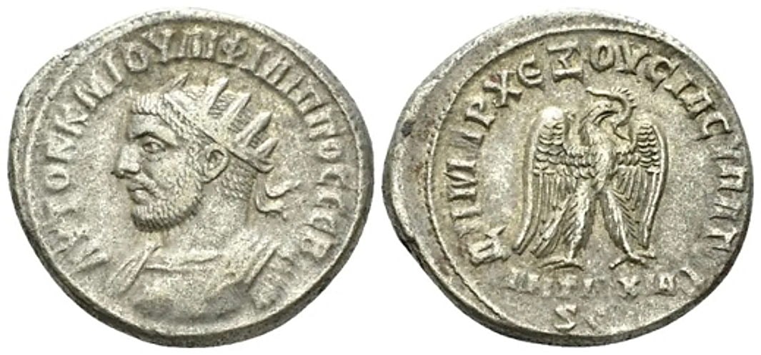 Roman, Tetradrachm, Philip I, 244 - 249 A.D: RULER: Philip I DATE: 244 - 249 A.D DENOMINATION: Tetradrachm MATERIAL: Silver SIZE & WEIGHT: 27 mm, 11,23 gr OBVERSE: Radiate and cuirassed bust l. REVERSE: Eagle standing r., with w