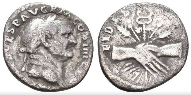 Roman, Denarius, Vespasian, 69 - 79 A.D: RULER: Vespasian DATE: 69 - 79 A.D DENOMINATION: Denarius MATERIAL: Silver SIZE & WEIGHT: 19 mm, 2,74 gr OBVERSE: IMP CAES VESP AVG PM COS IIII CEN, laureate head right REVERSE: FIDES PVBL, clasped
