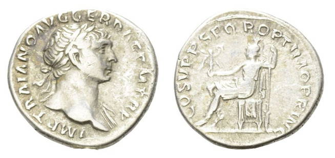 Roman, Denarius, Trajan, 98 - 117 A.D: RULER: Trajan DATE: 98 - 117 A.D DENOMINATION: Denarius MATERIAL: Silver SIZE & WEIGHT: 20 mm, 3,48 gr OBVERSE: IMP TRAIANO AVG GER DAC P M TR P, laureate head right, with slight drapery on left