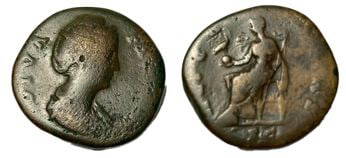 Roman, Sestertius, Faustina I, After 141 A.D: RULER: Faustina I DATE: After 141 A.D DENOMINATION: Sestertius MATERIAL: Bronze SIZE & WEIGHT: 30 mm, 27,78 gr OBVERSE: DIVA FAVSTINA, draped bust right REVERSE: AETERNITAS S-C, Aeternitas seated