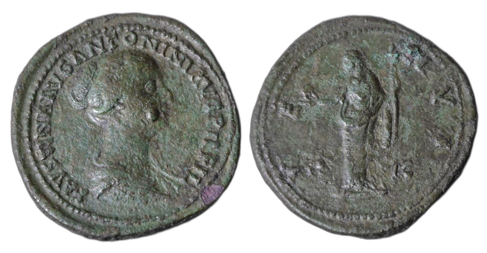 Roman, Sestertius, Faustina II, 148 - 152 A.D: RULER: Faustina II DATE: 148 - 152 A.D DENOMINATION: Sestertius MATERIAL: Bronze, AE SIZE & WEIGHT: 36 mm, 24,5 gr OBVERSE: FAVSTINA AVG ANTONINI AVG PII FIL, draped bust right REVERSE:</