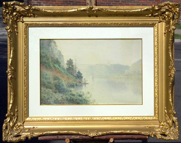 Paul Sawyier watercolor "High Bridge" Kentucky: Painted in 1910 for Curtis L. Dougherty, Chief Maintenance Engineer of High Bridge. The scene shows a C.& O. train crossing the first cantilever bridge and highest railroad bridge across a navigable s
