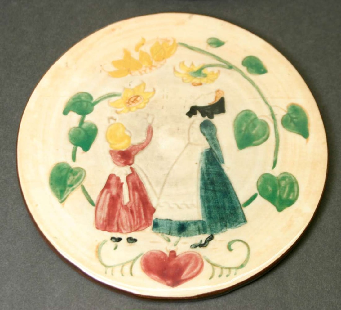 vintage redware set of wall hung plaques: lot of 6 vintage trivets or coasters with polychrome glossy glaze designs of Amish farm life, depicting people (men, women and children) and sayings, marked on the back as shown Penn