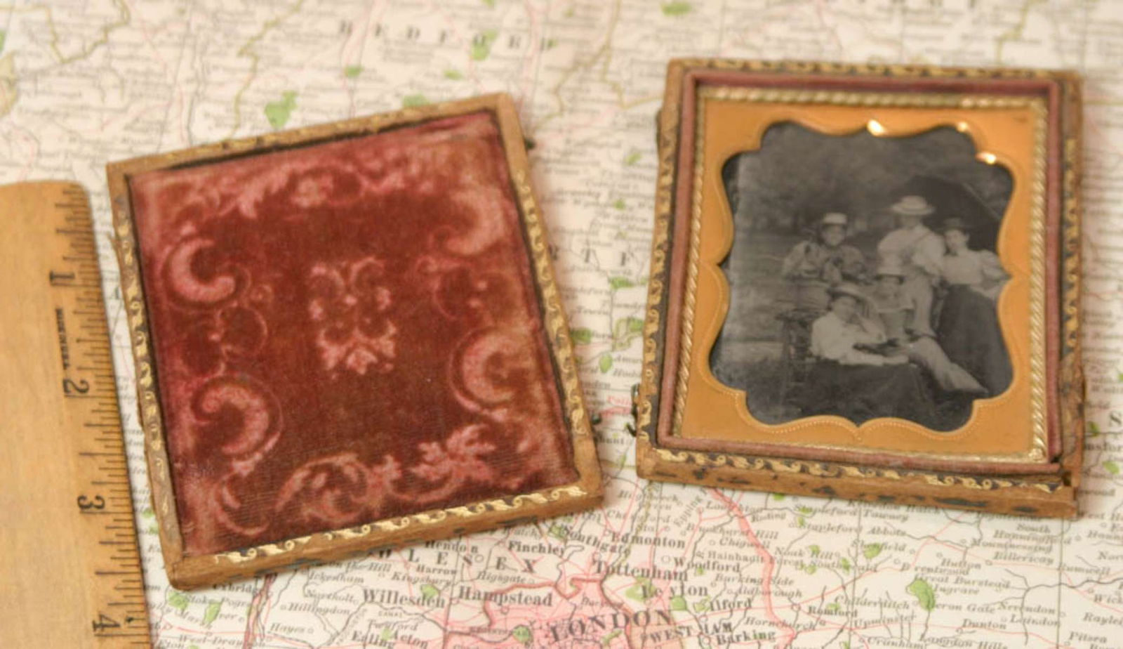 antique photograph ladies with hats: not sure if this is a tintype or Daguerre or Ambrotype (didn't take it out of the case), nice crisp black and white photograph of 5 women (one with an umbrella) in long skirts and dresses a