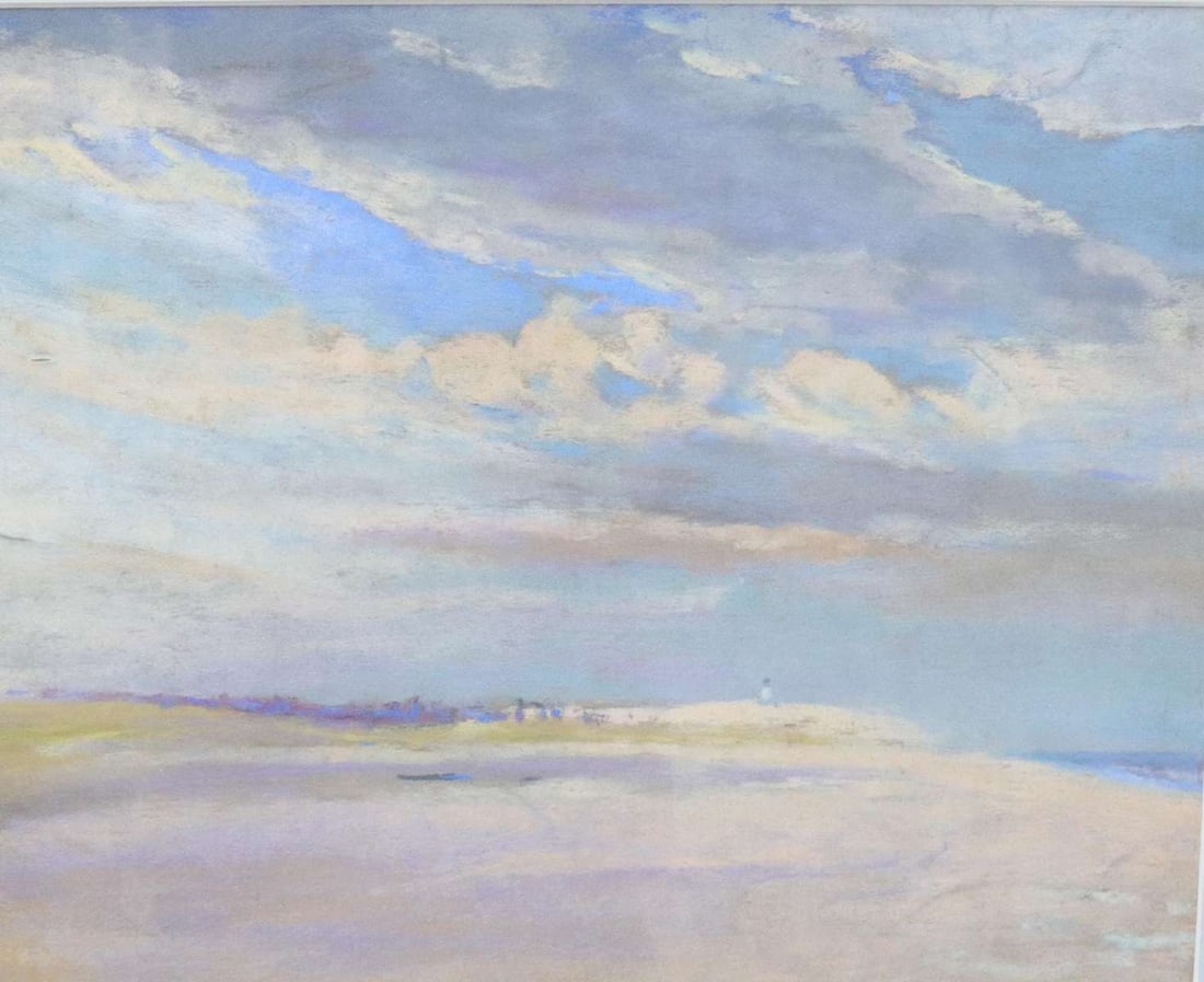 vintage Impressionist gouache painting: unsigned, so not sure if this is an antique or a vintage piece of art, in contemporary grey wooden double matted frame, depicting a beach landscape with figure looking out over the o