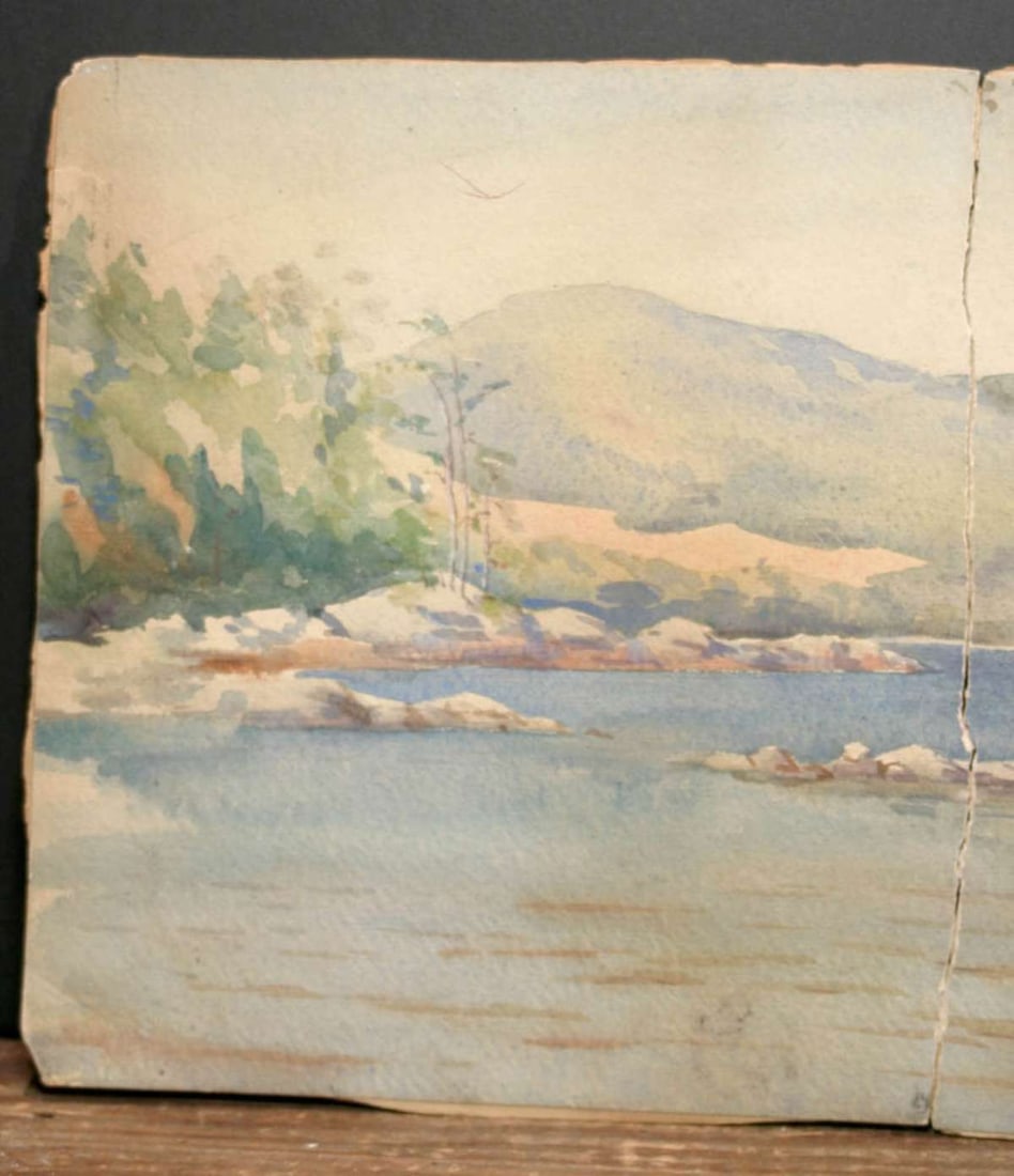 antique watercolor painting of a stream: antique Impressionist style watercolor painting of a river or stream with hills and trees and rocks in the background, signed illegibly lower right about 17 5/8" wide by 10 1/8" high