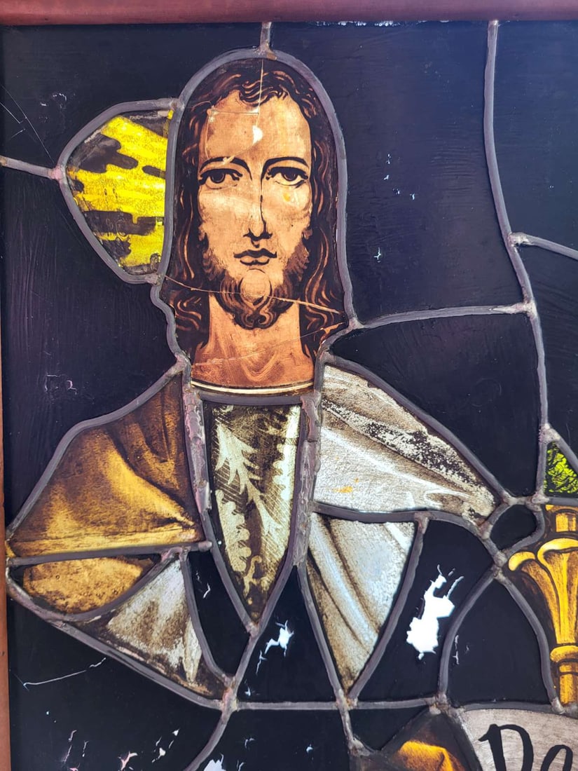 antique stained and leaded glass panel with Jesus (1 of 14)