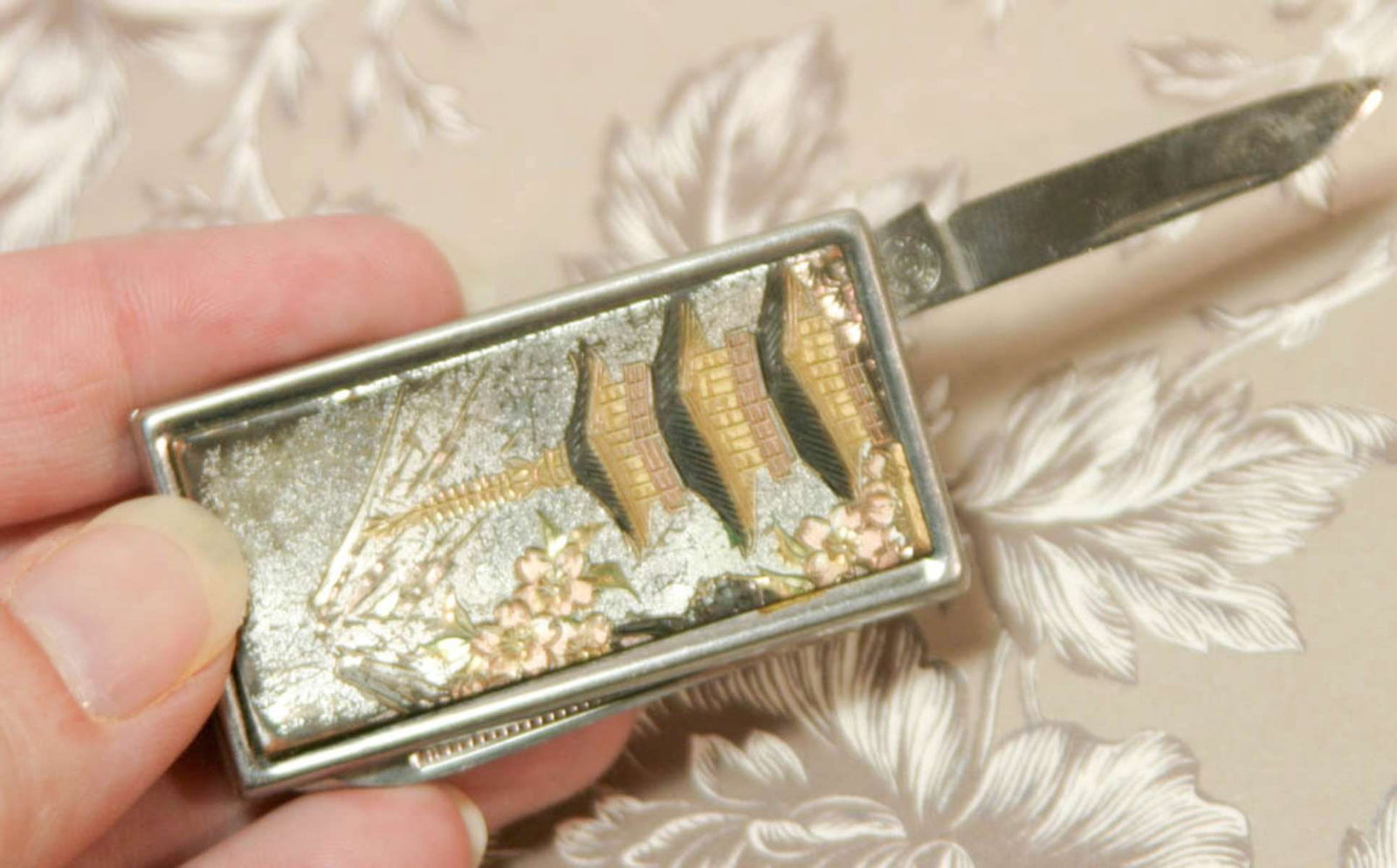 vintage Japanese money clip and pen knife: vintage 1960's Chureito Pagoda Yamanashi Prefecture penknife, nail file and moneyclip in one, marked on the blade Stainless Steel Japan and on the back Barlow B60
