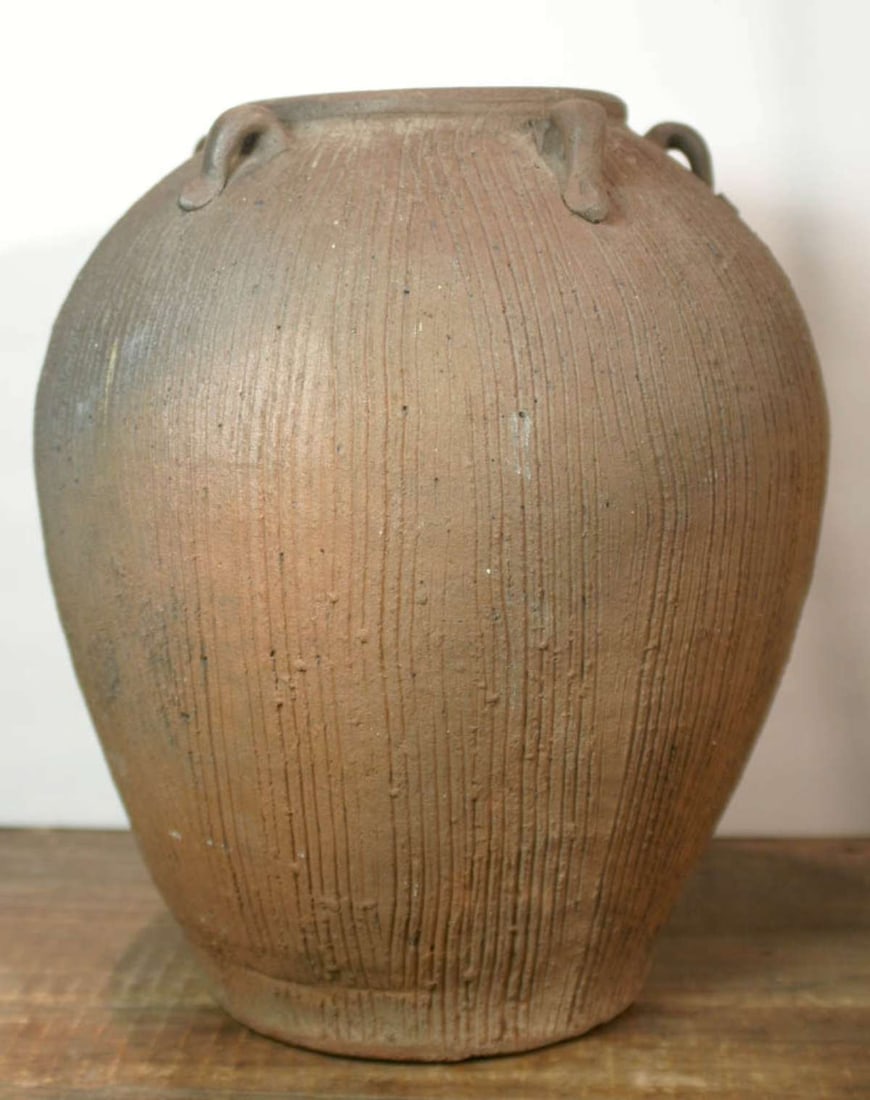 large antique redware sewer tile vase or urn: This is a large and very impressive vase or urn known as a "sewer tile" vase. It was distinctly marked by the maker as shown, and has a beautiful flowing form.12 inches high x 9 1/2 wi