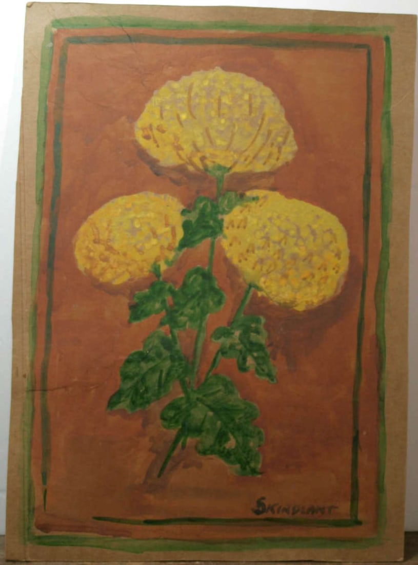 vintage signed still life painting: signed Skirdlant November 30 1950 watercolor painting on an old, used cardboard box back (with artist's address label), depicting a set of three yellow flowers (Mums?) with borderabou