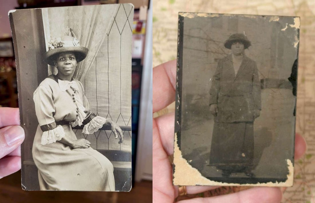 PAIR antique photographs of a Black woman with a hat: set or lot of two great antique portraits: one a photograph and one a rppc (or real photo postcard), each of a different African American lady wearing a hat