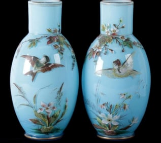 pair tall antique English Bristol glass vases