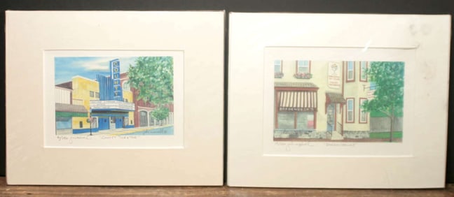 vintage pair of prints of retro buildings