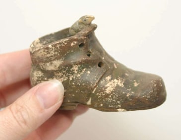 antique Redware baby shoe match safe