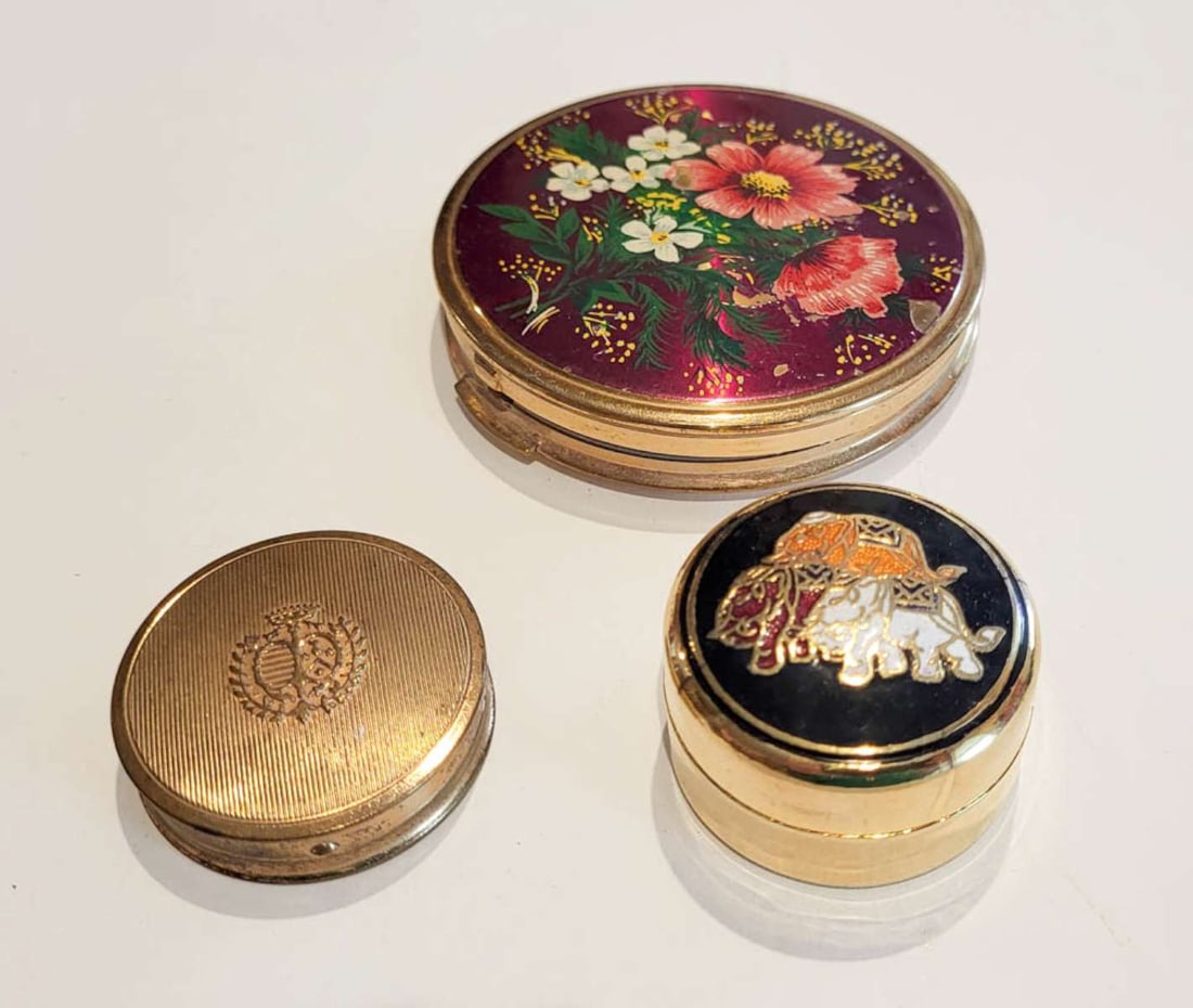 set of three vintage compacts: lot of three vintage compacts and vanity items, including one French by Du Barry Richard Hudnut, one enamel hand painted and one pill box