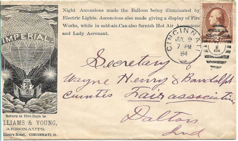 1884 stamped American balloon cover superb aviation graphics