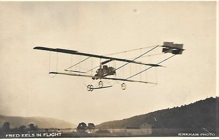 c. 1910 aviation rppc pilot F. Eels in full flight
