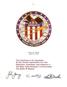 space Apollo 16 award certificate