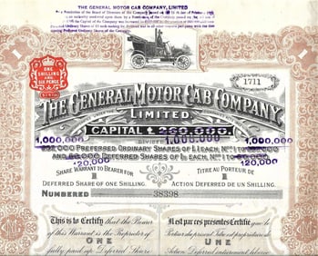 antique 1906 automobile cab stock certificate