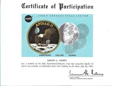 space 1969 Apollo 11 Certificate of Participation award NASA