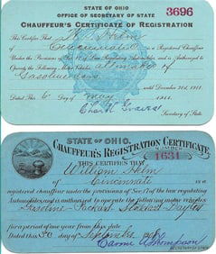 two antique automobile drivers licenses 1908 and 1911