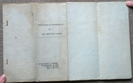 airplane company Incorporation certificate 1911