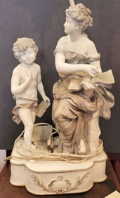 Moreau style table lamp lady with cherub