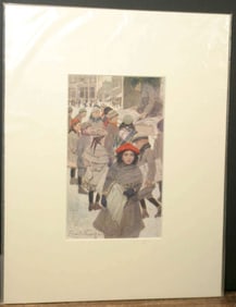 antique lithograph print children selling newspapers