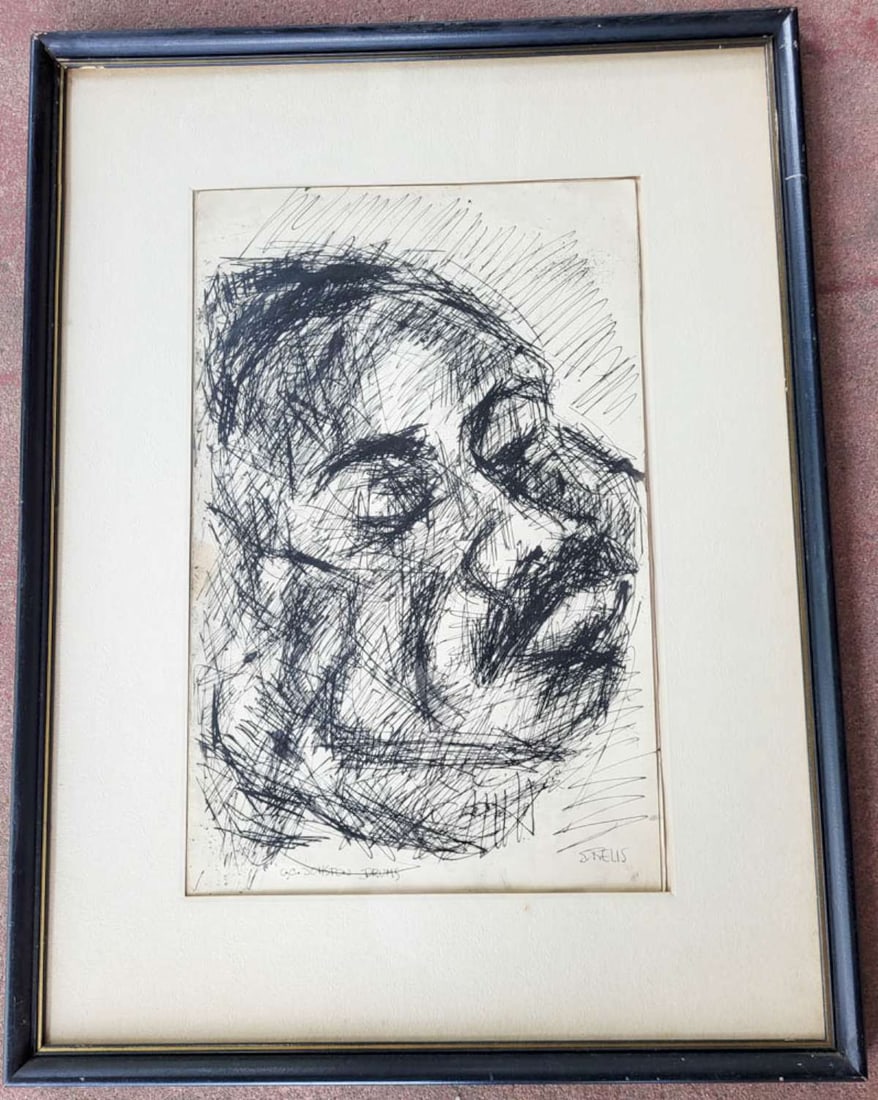 large framed Sandy Relis original ink drawing: signed lower right as shown S. Relis (born 1931) and titled O.C. Jonston Drums, matted original pen line drawing depicting a man with his eyes closed, in gilt and black frame19" wide