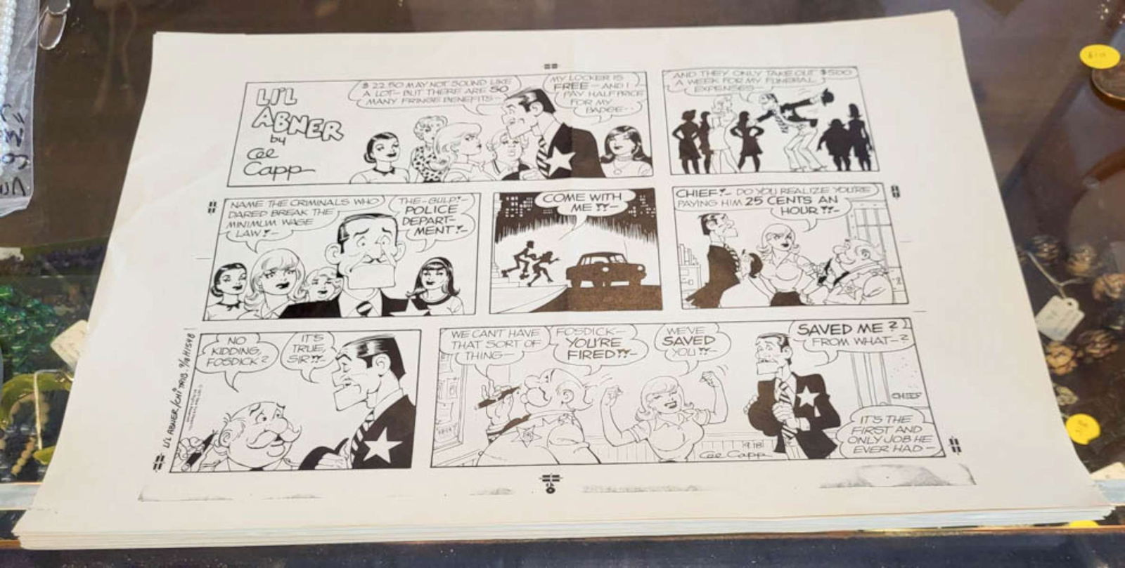1977 Lil' Abner comic strip proof: large sheet newspaper comic strip proof from 1977 for Lil' Abner by Al Capp about the minimum wages at the time, New York News Inc All Rights Reservedpaper about 11 3/4" high by 17 3/4