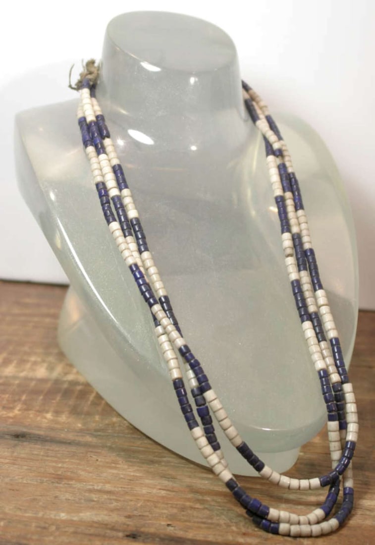 vintage estate jewelry: African necklace: hand strung vintage or antique triple-strand necklace with blue and white heavy trade beads