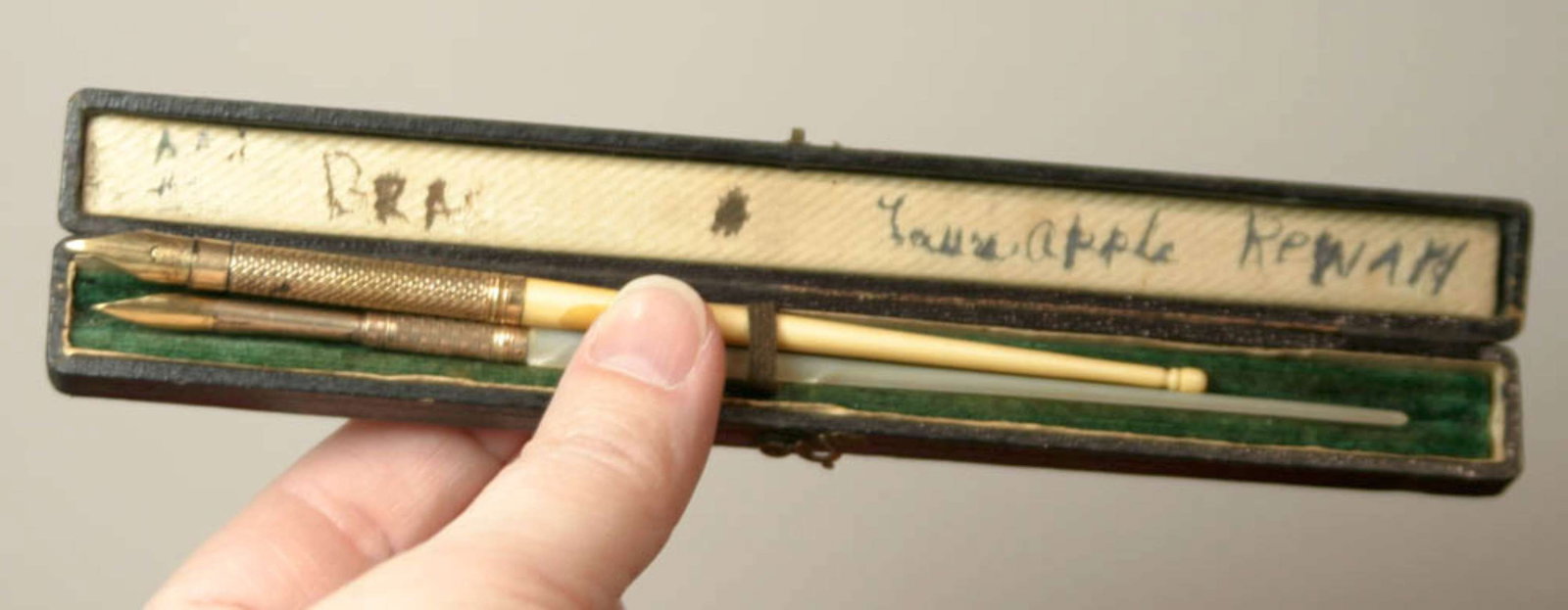 antique Edward Todd Co gold pens New York: ca. 1870's green leather miniature pen case stamped Edward Todd Company as shown, inside are two gold (filled?) tipped fountain or ink dip pens, one with carved bone handle and one wi