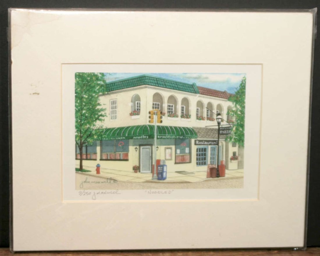 vintage print of a retro building: artist signed John Maxwell, numbered 9 of an edition of 250 and named Noodles, ready to framematte about 10 1/8" wide by 8 1/8" highSee the previous lot for two more matching pie