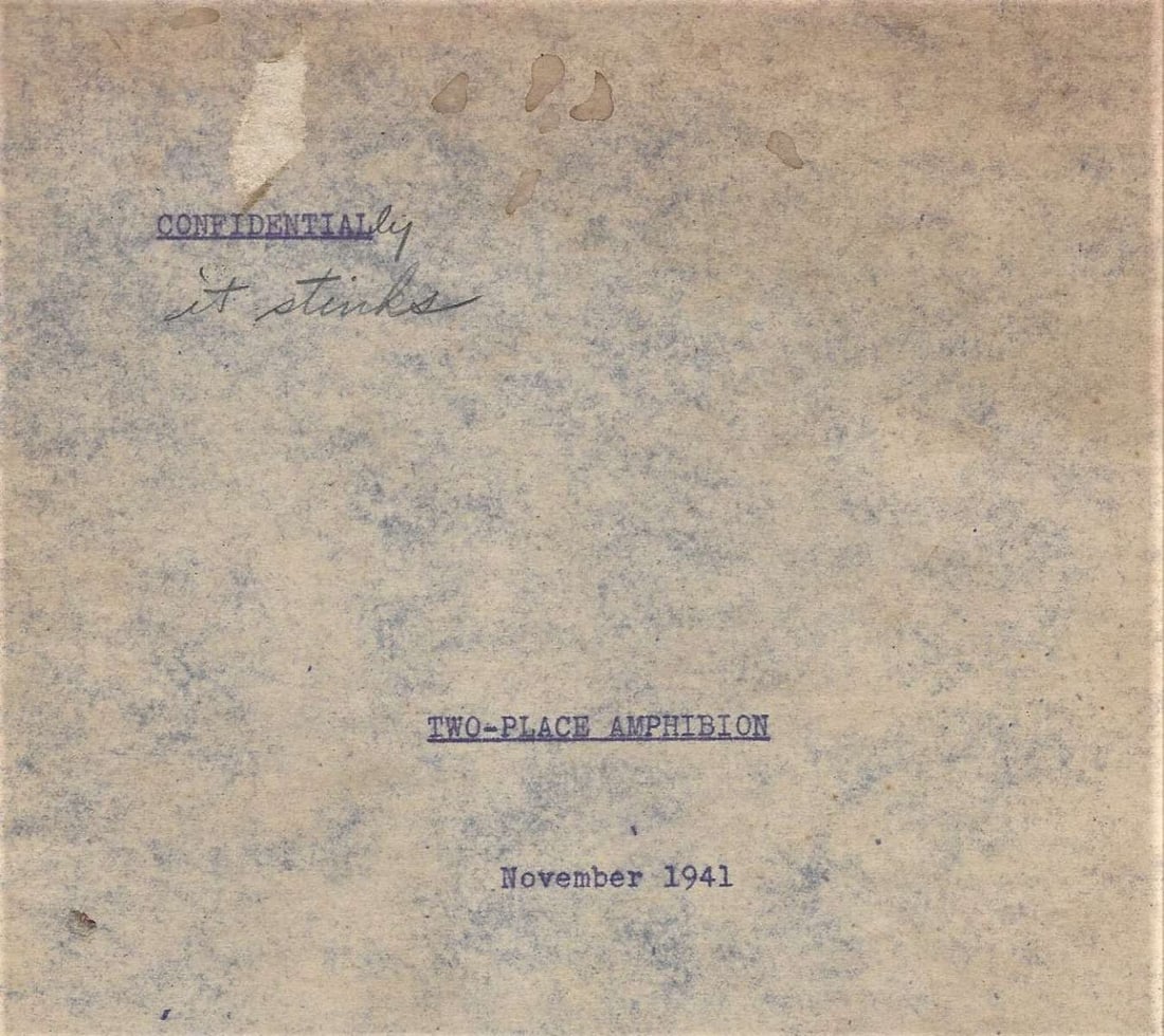 1941 confidential wartime airplane report: This is a scarce and highly uncommon mimeographed confidential WW2 (or WWII) report on a 2-place Amphibian (misspelled as "amphibion") hydroplane. Contains 10 pages including charts and a bl