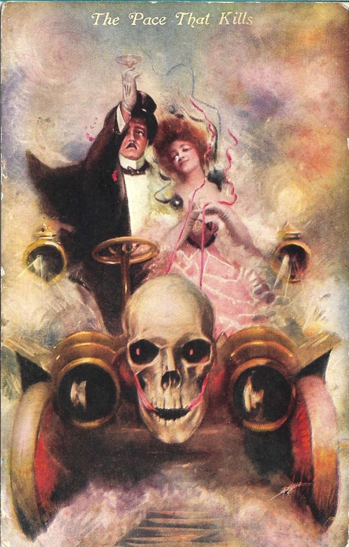 1908 "The Pace That Kills" color postcard rare: This is the oldest, and perhaps rarest, "Don't Drink and Drive" postcard warning advertisement we have ever seen! The graphics are striking with that large eerie skull contr
