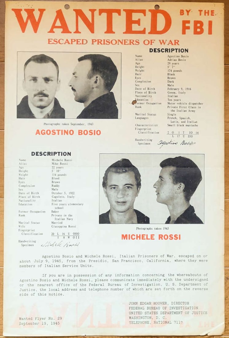 large original FBI wanted poster ESCAPED ITALIAN POW (1 of 9)