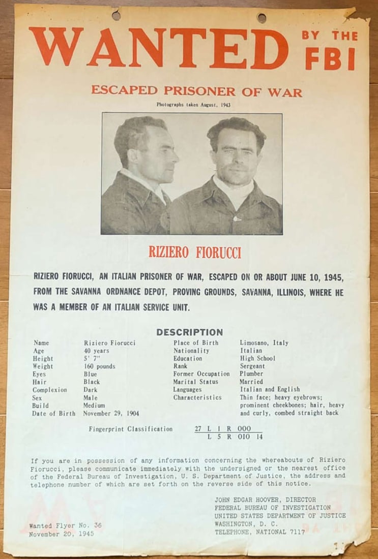 large original FBI wanted poster ESCAPED ITALIAN POW (1 of 9)