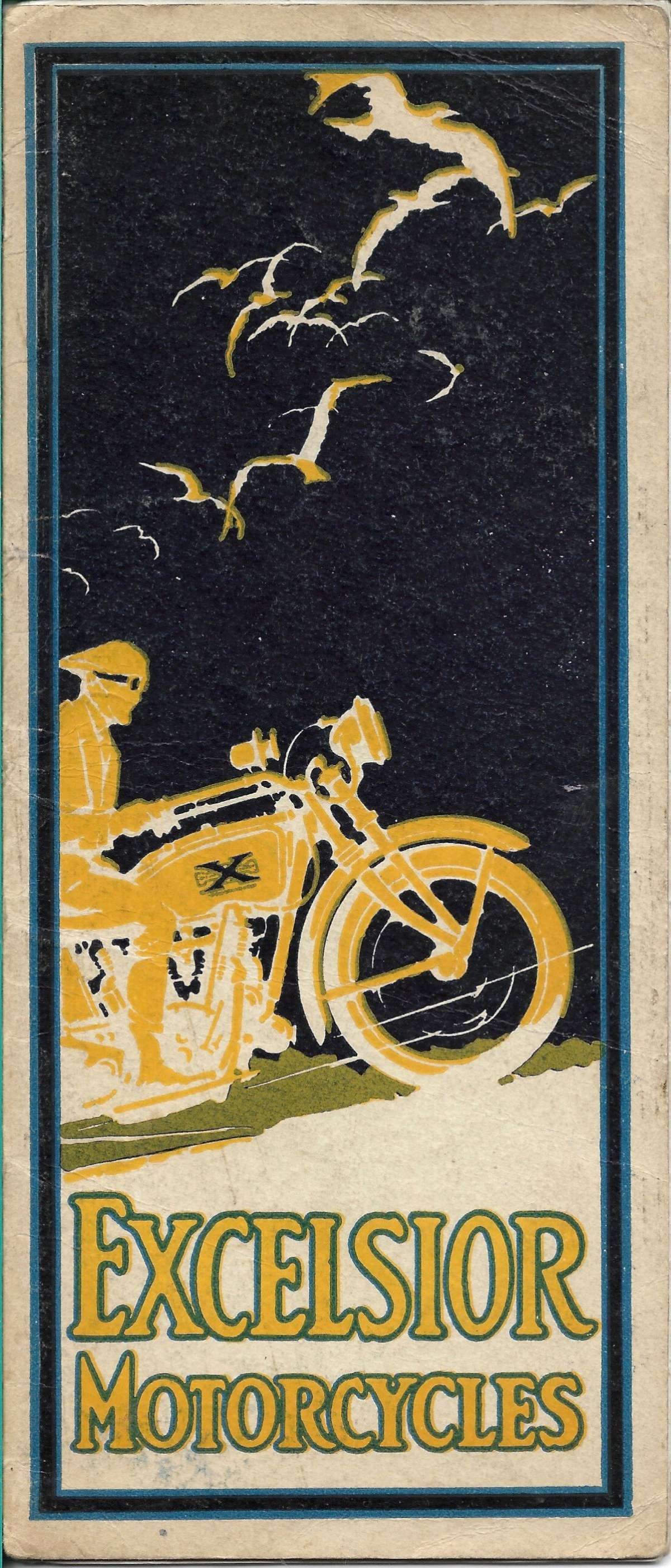 ca. 1915 Excelsior motorcycle sales catalog British: Although undated, this British Excelsior motorcycle sales catalog appears to be from around 1915. Unfortunately, it seems to have been misprinted and/or misbound though all pages appear to