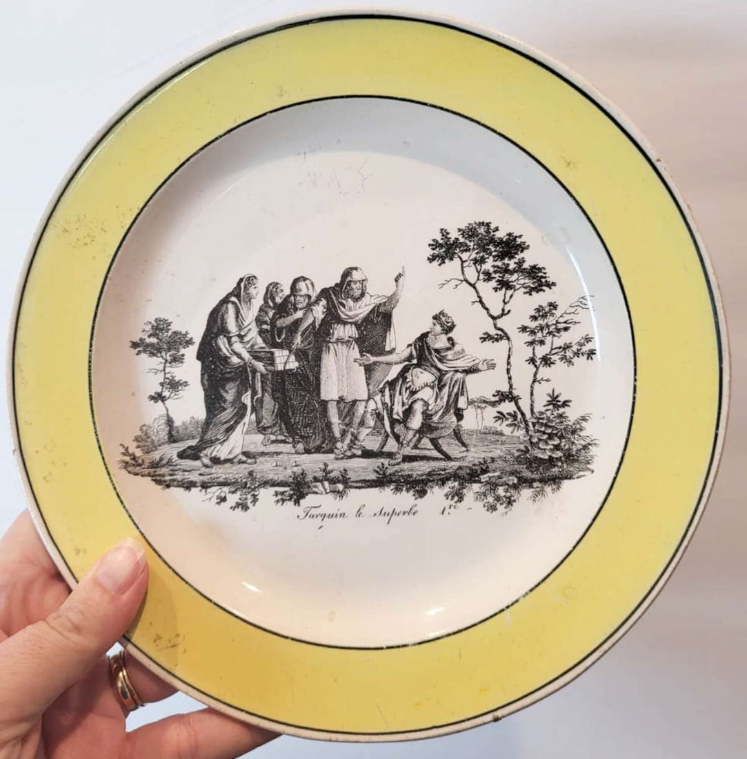 antique French canary yellow porcelain plate: antique French porcelain plate with illegible stamp and mark on the back, but most likely by P&H Choisy ca. mid-1800's Canary Yellow rim with transfer decoration of Tarquin le Superbe Info 