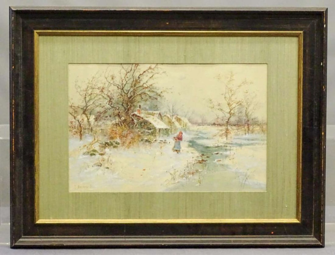 vintage painting snowy scene by Buckens: vintage framed and matted original painting signed lower left as shown P. Buckens Jr., depicts a snowy landscape with trees and a woman wearing a red cape and carrying a basket (Little Red Ridin