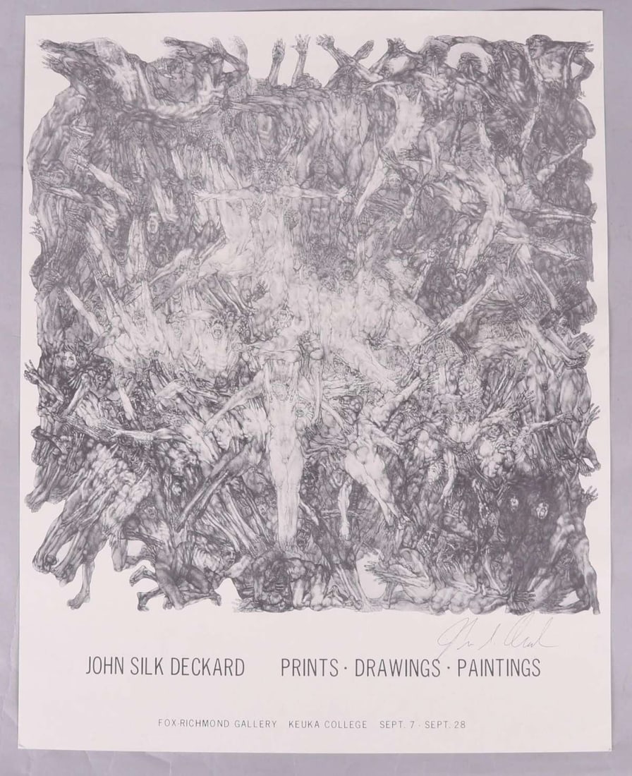 original gallery poster for John Silk Deckard: large artist display poster that reads: John Silk Deckard (1940 - 1994) Prints Drawings Paintings Fox-Richmond Gallery Keuka College Sept 7 - Sept 28 (from an opening in 1972), hand signed&comma