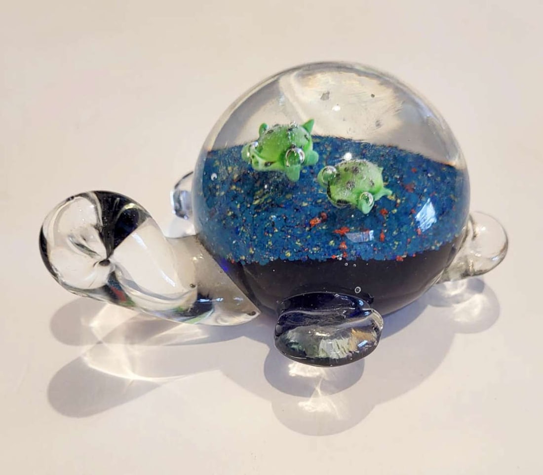 vintage glass paperweight with fish design: unsigned, but possibly Murano vintage figural turtle clear glass designed paperweight with inside the main shell body a cute scene of two green frogs on a blue and multicolored bottom