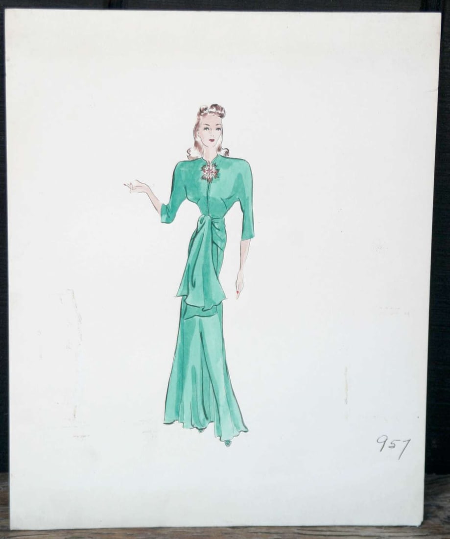 vintage original fashion illustration drawing: pen and ink vintage drawing on paper, with watercolor accents, numbered 957, but not signed and depicting a lady or woman in a greenish turquoise colored dress with sash and jeweled 