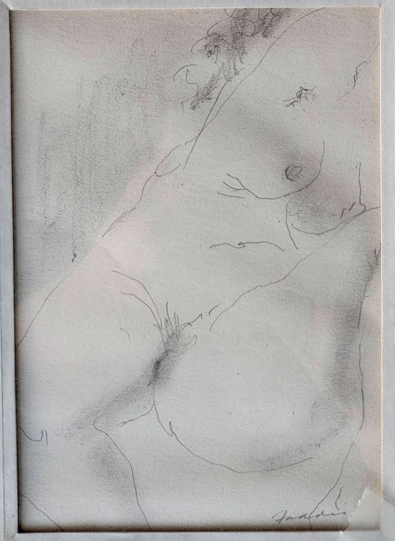 small original nude drawing in frame: illegibly signed lower right as shown, this is a matted and framed original pencil sketch depicting a female nude study
